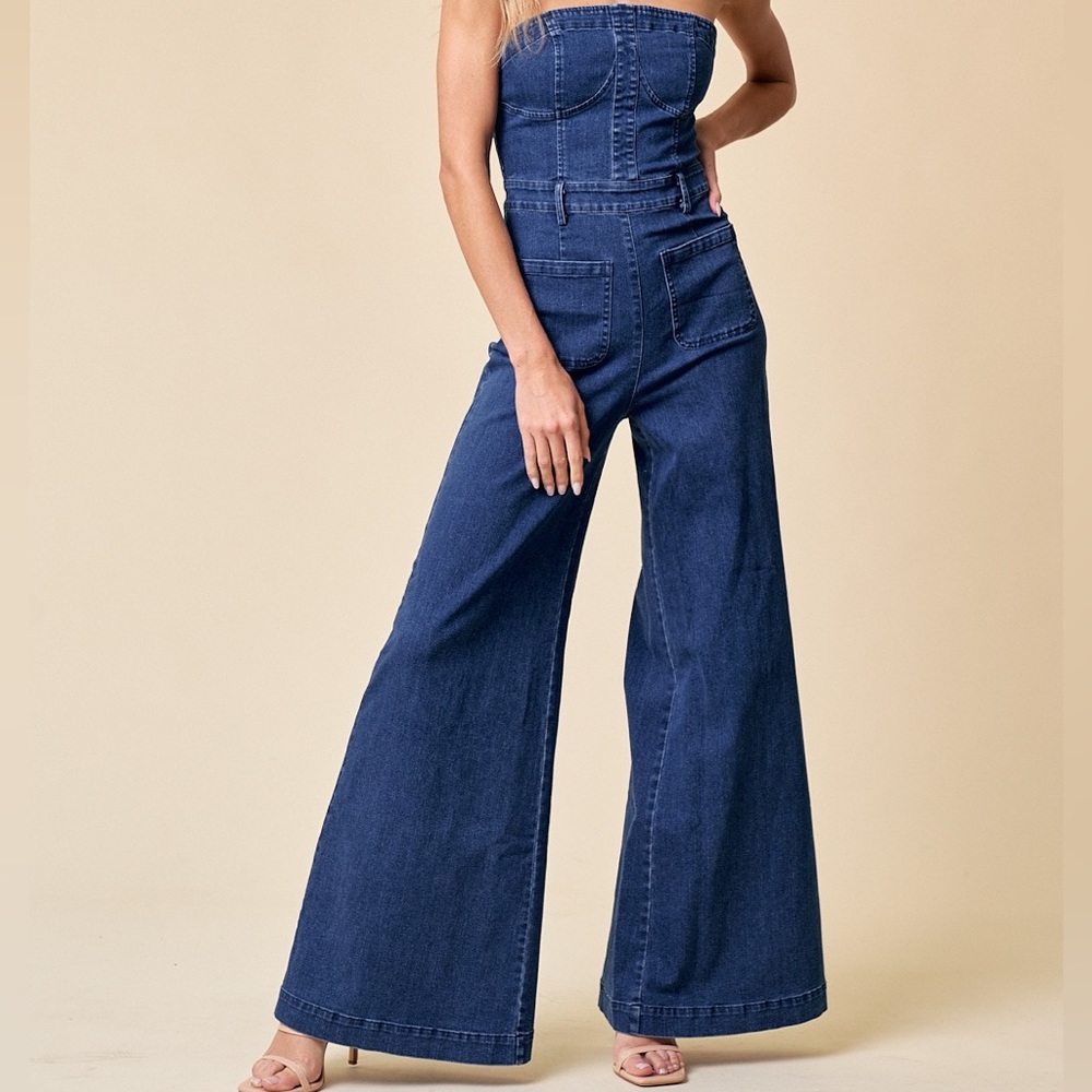 NWT!! TUBE TOP DENIM JUMPSUIT WITH POCKETS - Picture 6 of 6